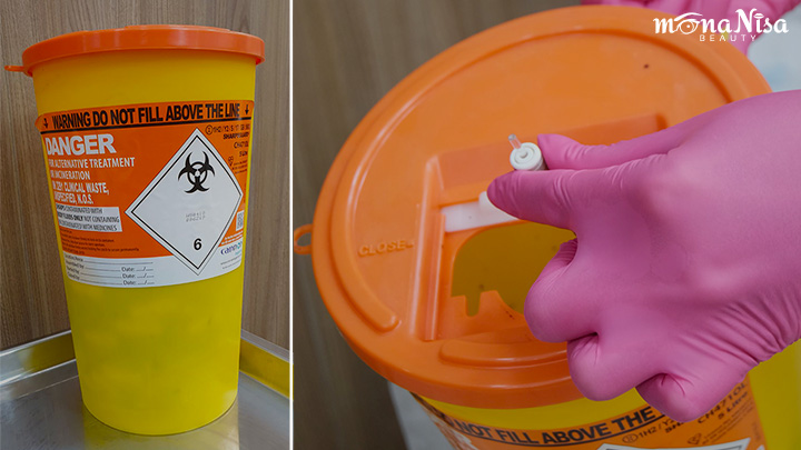 Disposing PMU needles in a sharp disposal container | MonaNisa Beauty | Bangkok, Thailand
